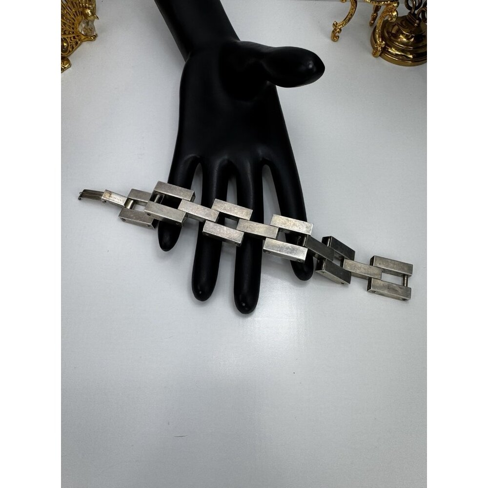 Sterling Silver Art Deco Revival Geometric Link Bracelet Vintage Circa 1970s 7” - Picture 6 of 10